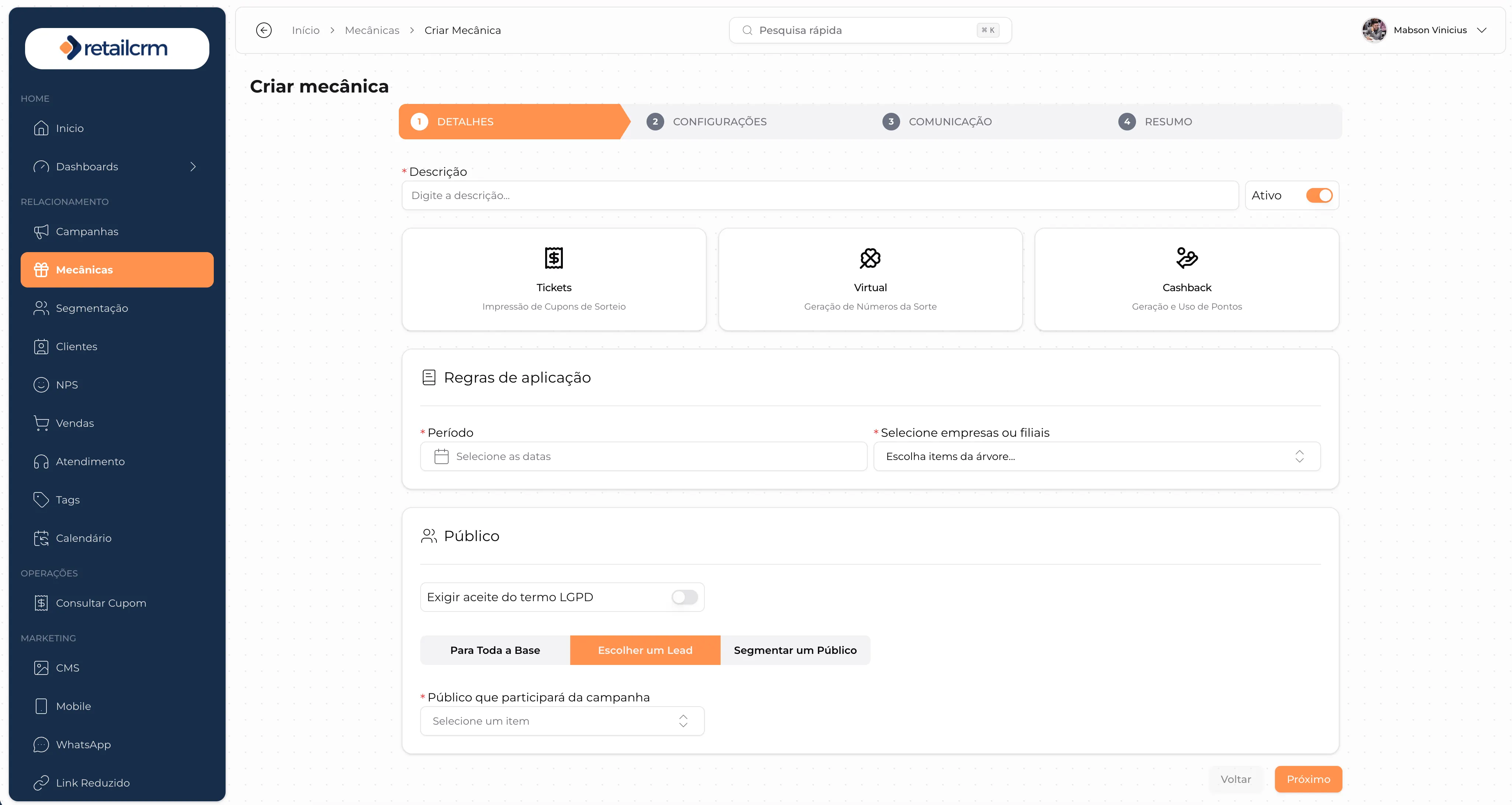 Configuração de mecânicas promocionais no RetailCRM: tickets, virtual e cashback