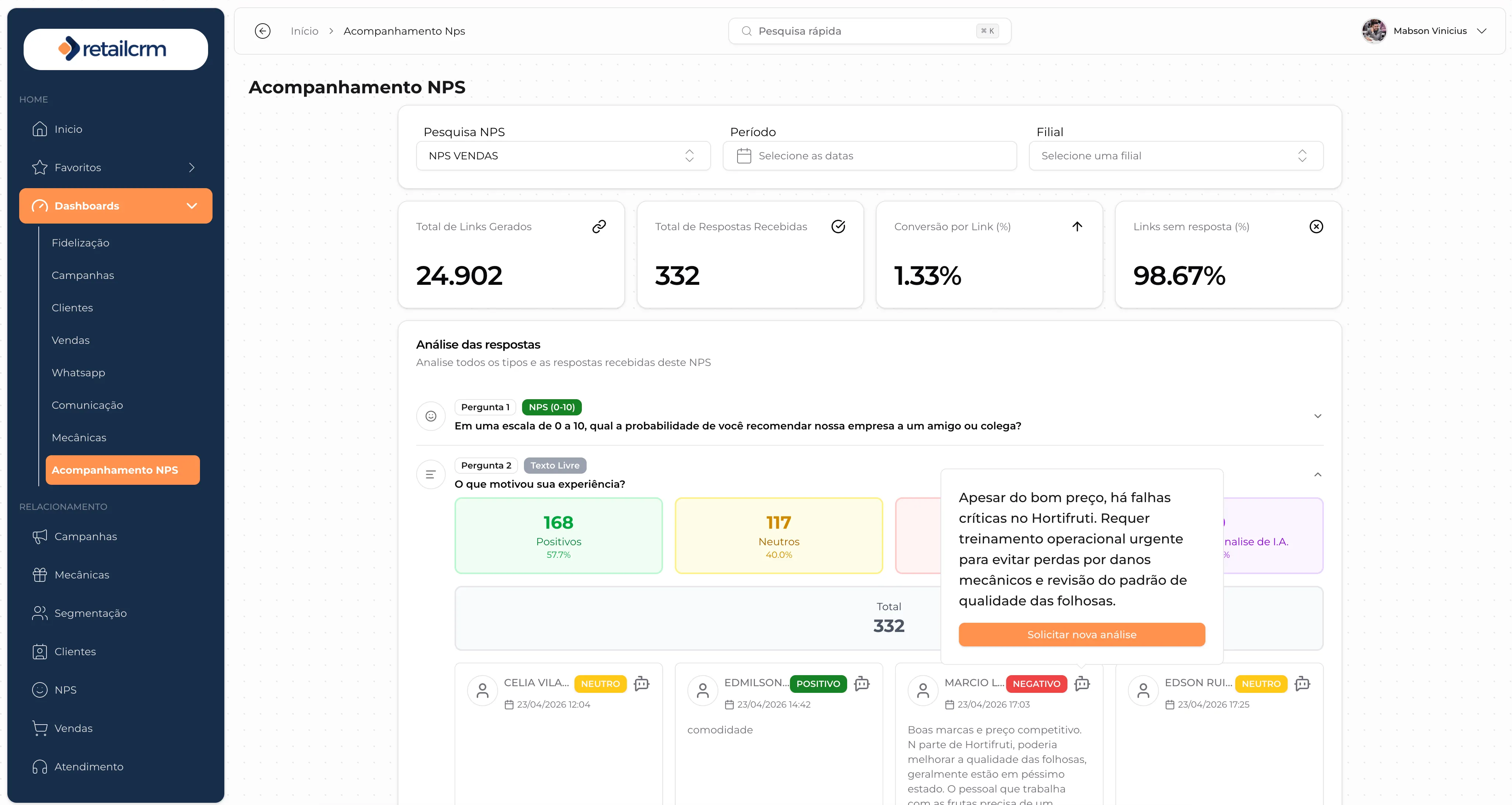 Dashboard de NPS do RetailCRM com análise das respostas por IA